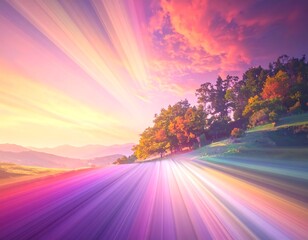 Vibrant road, autumn sunset, motion blur