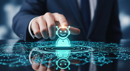 A businessman's hand reaches out to a glowing digital avatar icon set against an abstract network with blue circuitry. Represents technology and connectivity.