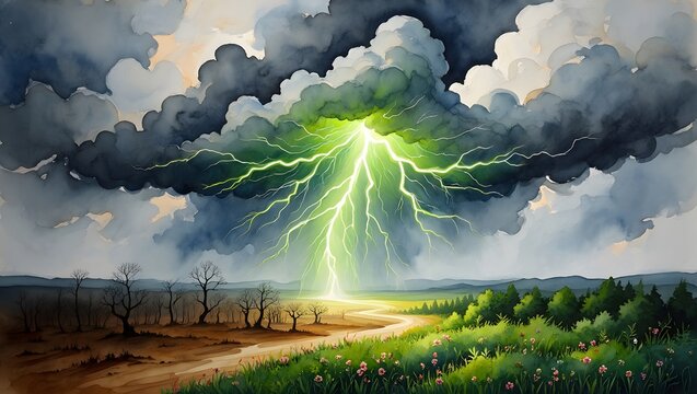A powerful conceptual watercolor illustration of a bright green lightning bolt striking the earth, dividing a dark, dead forest from a vibrant, flower-filled green meadow.