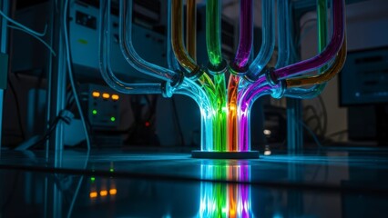 Vibrant Colorful Liquid Flowing Through Futuristic Laboratory Tubes.