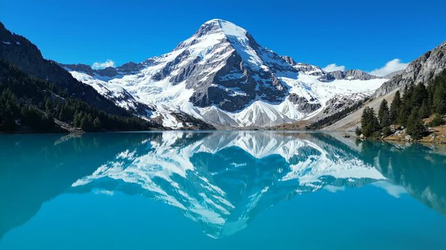 Crystal clear alpine lake perfectly mirrors majestic snow-capped mountain under a vibrant blue sky.