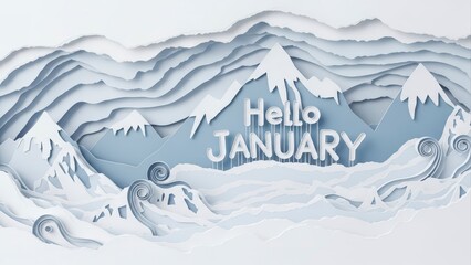 Hello January text in paper cut winter mountain landscape.