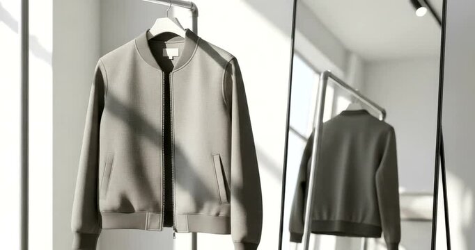 Gray bomber jacket on clothing rack