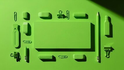 Flat lay of monochrome green stationery items arranged neatly on a green background.