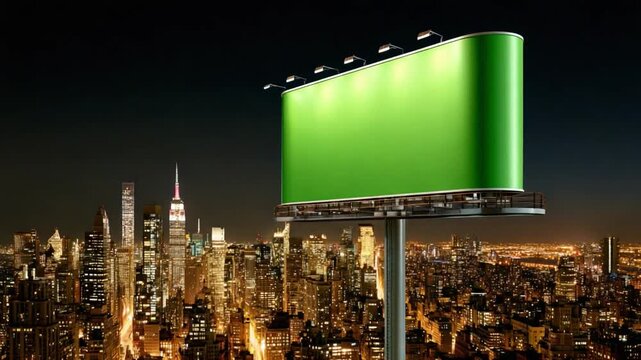 City Billboard Display at Night: A captivating urban scene featuring a luminous, blank billboard set against a backdrop of a sprawling city skyline aglow with lights.