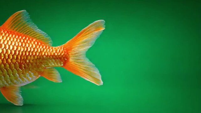 Goldfish with Tail on Green Background:  A beautiful goldfish, its vibrant tail fanned out against a sleek, gradient green backdrop. The image emphasizes the fish's intricate scale patterns.