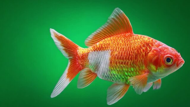 Goldfish with Grace: A single, resplendent goldfish, exhibiting a vibrant blend of orange and white hues, swims gracefully against a serene, green backdrop. The fish displays elegance and tranquilit