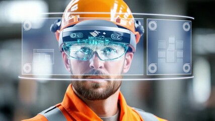 Construction worker with digital overlay: A construction worker wearing a safety helmet with augmented reality glasses, visualizing a digital overlay. - Powered by Adobe