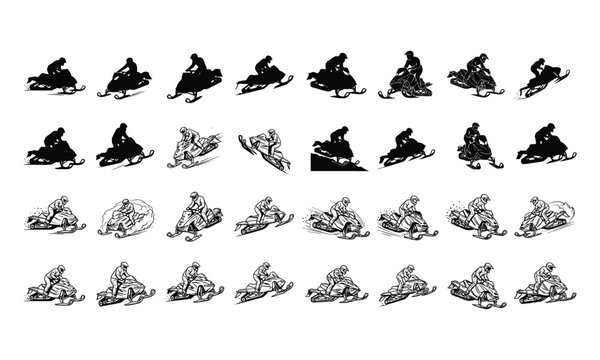 Collection of snowmobiling silhouettes and illustrations