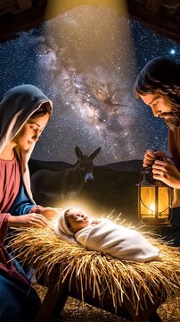 Nativity Scene Illustration - An illustration depicts Mary and Joseph watching over baby Jesus in a manger under a bright star at night.