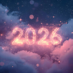 Magical 2026 year text with golden bokeh lights and stardust over pink clouds