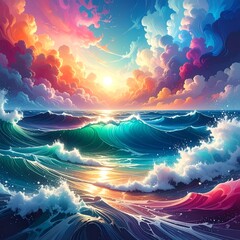 Vibrant sunset over colorful waves