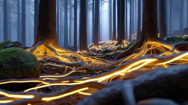 Enchanting Forest Glow: A magical scene unfolds in a deep forest, with illuminated roots entwined amidst the mossy ground. Tall trees cast a gentle glow, weaving a mystic atmosphere.