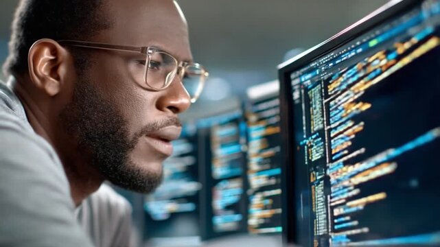 Tech Savvy: A focused individual in glasses stares intently at the digital code displayed on several computer screens, illuminated with vibrant lines of code, symbolizing the essence of digital work.