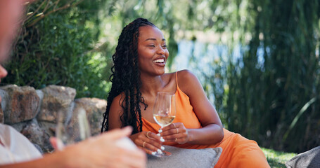 Alcohol, break and smile with woman outdoor at wine farm for getaway or tasting experience. Drink, glass and relax with happy person at agricultural venue for growth, social event or sustainability