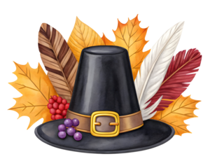 Watercolor Pilgrim hat with autumn leaves and berries isolated on a transparent background