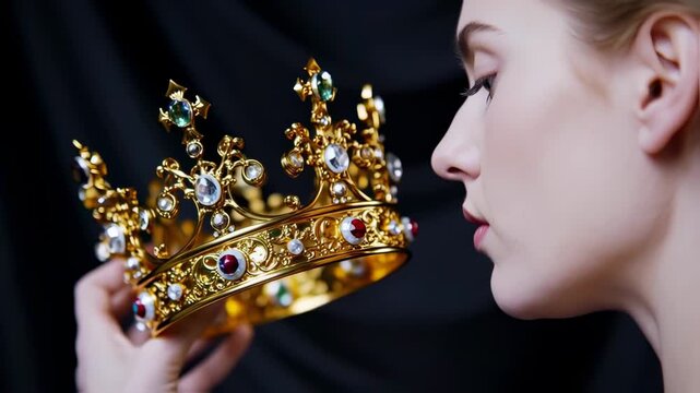 Woman holding a magnificent gold crown adorned with jewels in a studio setting