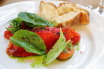 Cold vegetable appetizer, cottage cheese and red pepper salad with olive oil sauce