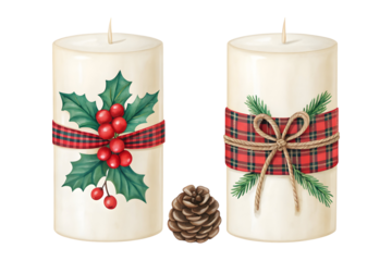 Watercolor Two Christmas Candles with Holly and Pine isolated on a transparent background