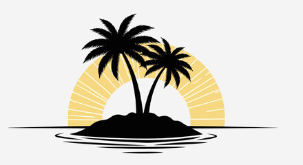 Fototapeta premium Silhouette vector illustration of a tropical island with two palm trees and a vibrant sunset or sunrise.