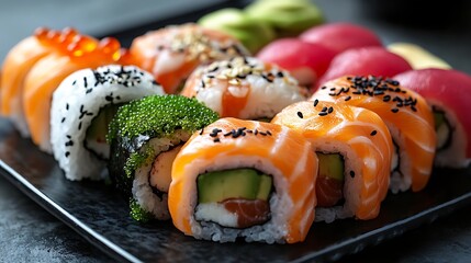 Assorted sushi rolls on black plate