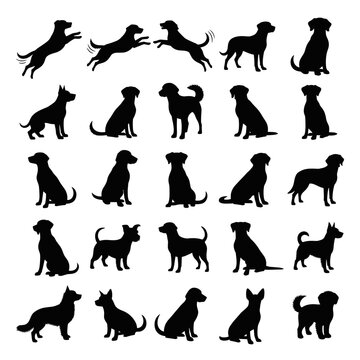 Collection of diverse dog silhouettes in various poses, vector icons for pet-related designs and animal themes.