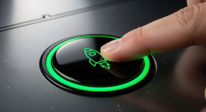 A finger presses a glowing green button featuring a rocket ship icon, symbolizing a new beginning or launch on a metallic surface.