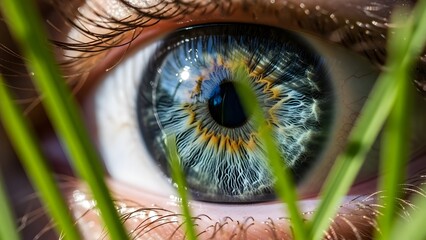 El ojo vigilante del mundo natural, ojos verdes, rodeado de hojas, fondo ecológico, IA