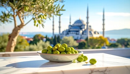 Green olives in a ceramic bowl on a marble table in Turkey