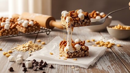 Gooey Marshmallow Cereal Squares with Marshmallows and Chocolate Chips sticky sweet