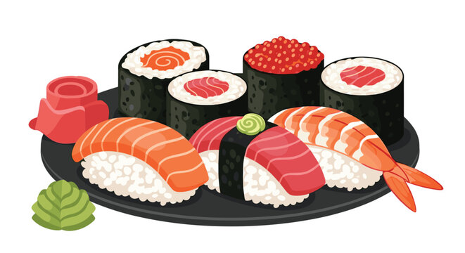 Mouth-watering platter of assorted sushi including nigiri and rolls served with a side of wasabi and pickled ginger for a complete meal.
