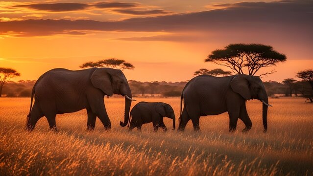 Una manada de elefantes salvajes camina por la sabana del Parque Nacional Tarangire en Tanzania, &Aacute;frica Oriental
