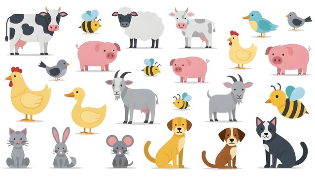 Colecci&oacute;n de &iacute;conos de animales dom&eacute;sticos y de granja, ilustraci&oacute;n de dibujos animados planos vectoriales: vaca, pollo, pato, cabra, oveja, caballo, cerdo, perro, gato, abeja, llama, burro.