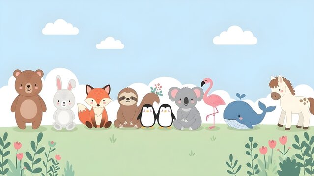 Conjunto de lindo vector animal.
 Vida salvaje amigable con oso, perezoso, conejo, ping&uuml;ino, koala, burro en patr&oacute;n de garabato.
 Adorable animal divertido y muchos personajes dibujados a mano colecci
