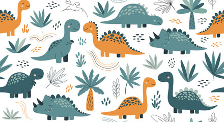 Obraz premium Cute seamless pattern featuring friendly dinosaurs, palm trees, and tropical leaves in soft earthy tones perfect for kids decor.