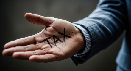 A person's open palm displays the word TAX written in black marker, with a blurred suit jacket in the background. This image signifies financial obligations and the concept of taxes.
