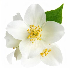 Fototapeta premium Close-up of a jasmine flower cluster. Fresh, delicate, white petals surround vibrant yellow stamens. Green leaf. Isolated
