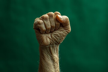 Elderly, wrinkled fist raised in a gesture of strength against a green background