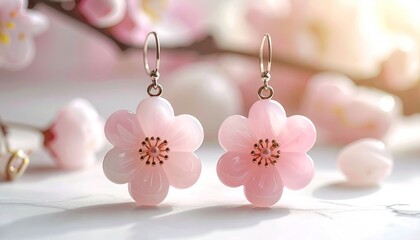 Pink Flower Earrings Inspired By Cherry Blossoms Resting On A White Surface