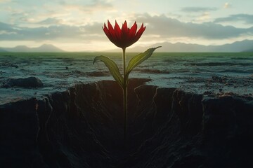 Fototapeta premium Single red flower blooming from a deep earth crack at sunset