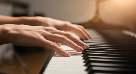 Obraz premium Close-up on a woman's hands as she plays a grand piano. Warm sunlight creates a soft glow and bokeh effect.