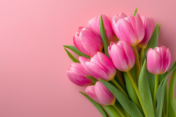 Fototapeta premium Pink tulips bloom against a pastel background, capturing the essence of spring Generative AI