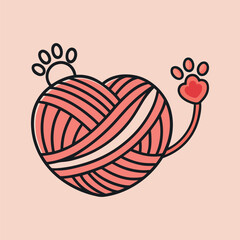 Flat vector illustration of a heart shaped yarn ball with a small kitten paw touching it, minimalist cat lover concept