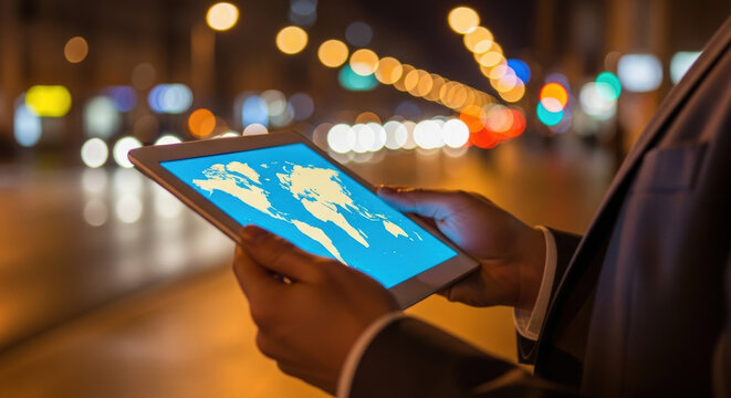 A businessman's hands hold a tablet displaying a world map. The background is a blurry city street at night with bokeh lights. - Powered by Adobe