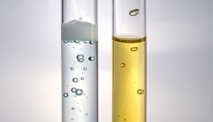 Two Laboratory Test Tubes Containing Clear and Yellow Liquids with Air Bubbles