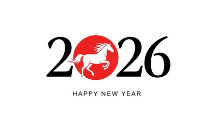 Chinese zodiac horse symbol inside red circle with 2026 typography design representing new year concept asian culture tradition prosperity calendar identity minimal background for global commercial 