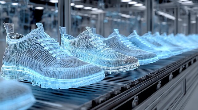 3D wireframe models of shoes displayed on futuristic assembly line. Digital twin technology simulates, optimizes footwear production processes. Advanced manufacturing uses virtual. - Powered by Adobe