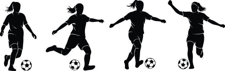 Naklejka premium Silhouette of four female soccer players in various poses with balls