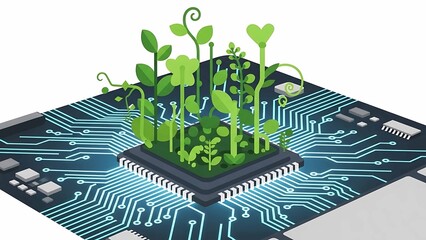sustainable green technology concept with plants growing from computer chip on circuit board symbolizing eco friendly digital innovation