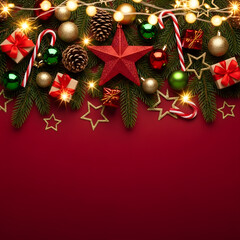 Holiday Background with Christmas Ornaments on Isolated Red background